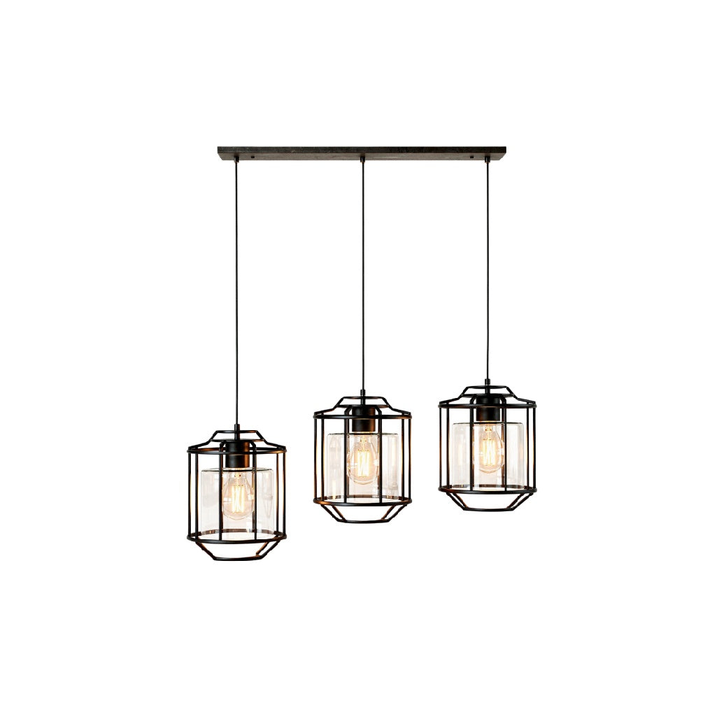 Pendelleuchte mit 3 Gitterlampen in Schwarz und Kupferfinish