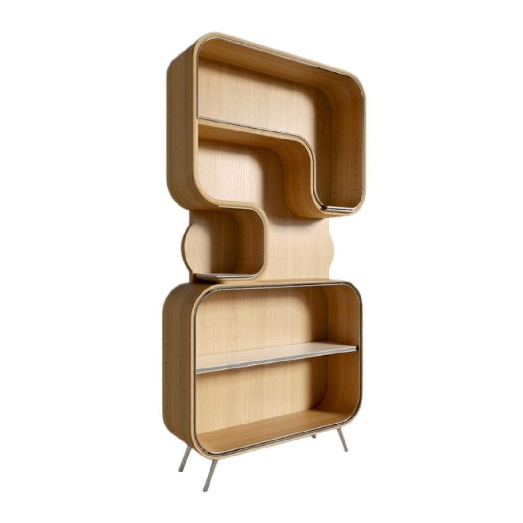 **Moderne Boekenplank van Hout met Organische Vormen**