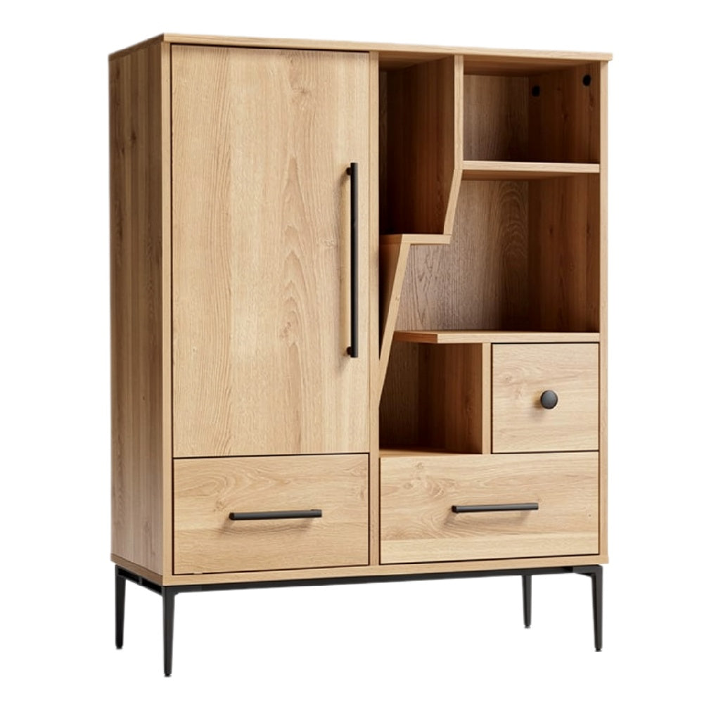"Moderne houten kast met open planken en lades"