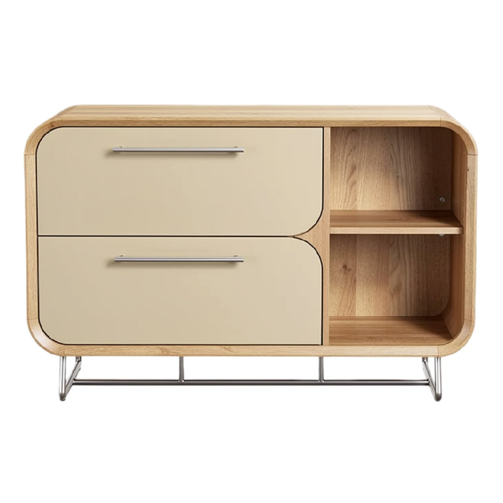 Moderne houten dressoirkast met kunststof fronten en open vakken