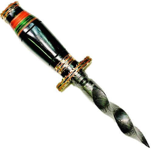 10.5" Hand-made Damascus Steel blade Collectible Kris Handle Blue Pakka Wood with brass clip or brass pommel (blue)