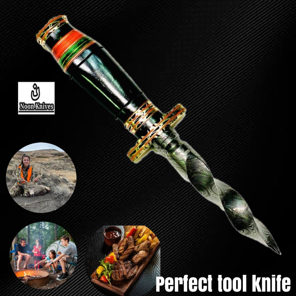 10.5" Hand-made Damascus Steel blade Collectible Kris Handle Blue Pakka Wood with brass clip or brass pommel (blue)
