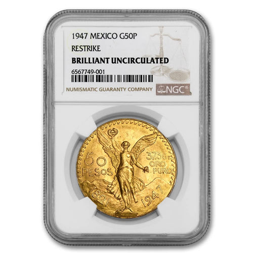 1947 Mexican Gold 50 Pesos Coin Brilliant Uncirculated 50 Pesos NGC BU