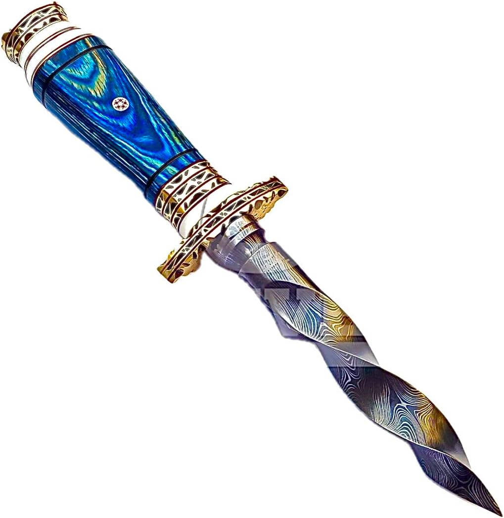 10.5" Hand-made Damascus Steel blade Collectible Kris Handle Blue Pakka Wood with brass clip or brass pommel (blue)