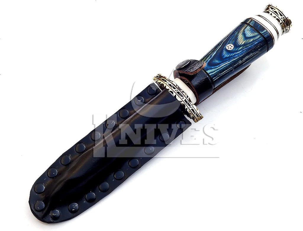 10.5" Hand-made Damascus Steel blade Collectible Kris Handle Blue Pakka Wood with brass clip or brass pommel (blue)