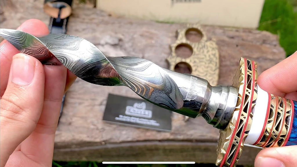 10.5" Hand-made Damascus Steel blade Collectible Kris Handle Blue Pakka Wood with brass clip or brass pommel (blue)