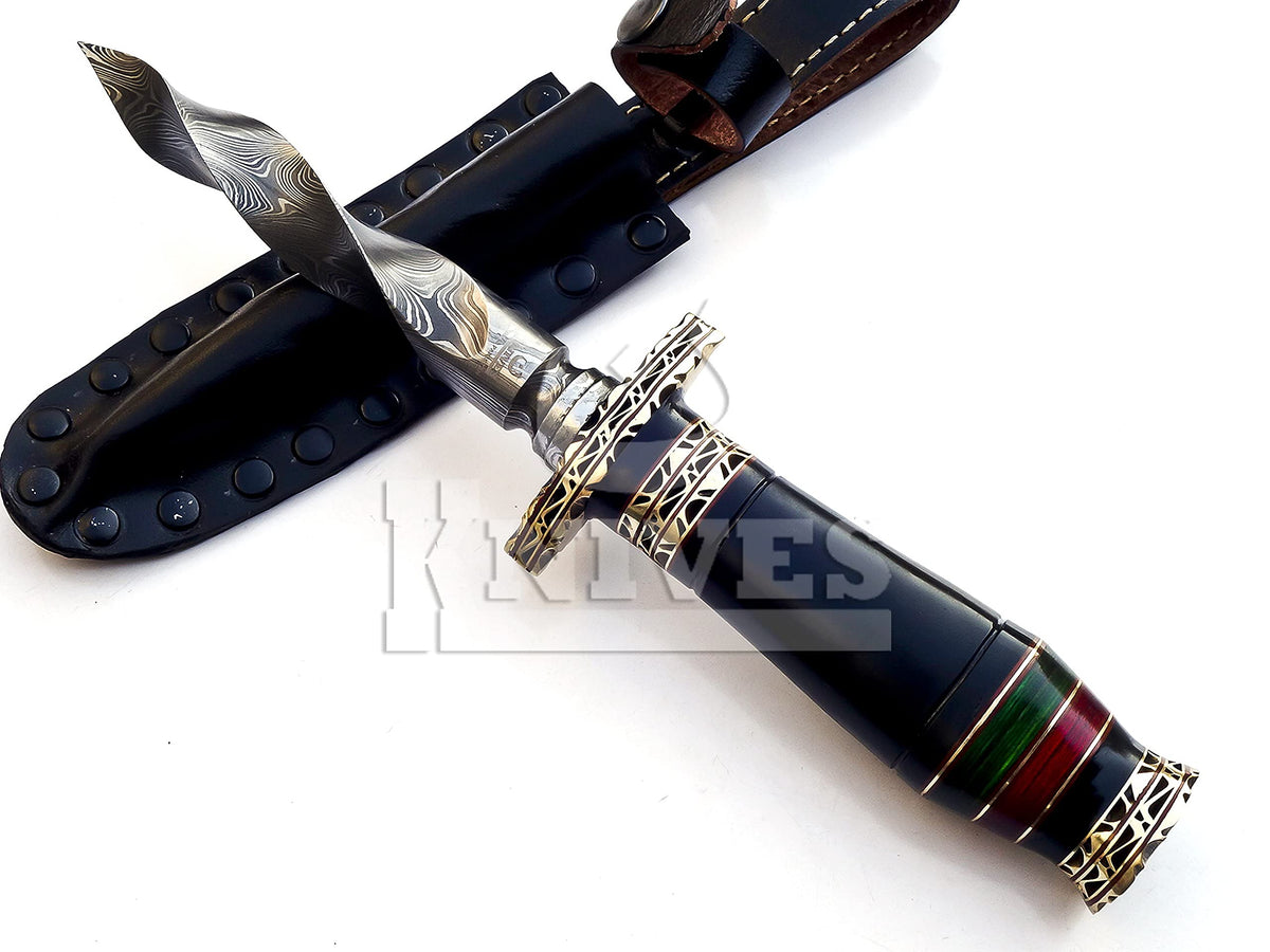 10.5" Hand-made Damascus Steel blade Collectible Kris Handle Blue Pakka Wood with brass clip or brass pommel (blue)