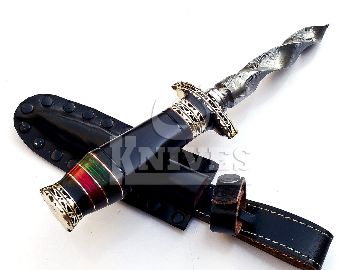 10.5" Hand-made Damascus Steel blade Collectible Kris Handle Blue Pakka Wood with brass clip or brass pommel (blue)