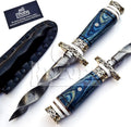 10.5" Hand-made Damascus Steel blade Collectible Kris Handle Blue Pakka Wood with brass clip or brass pommel (blue)