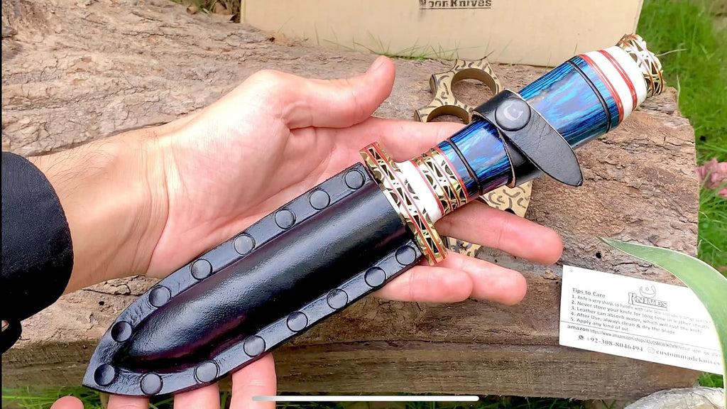 10.5" Hand-made Damascus Steel blade Collectible Kris Handle Blue Pakka Wood with brass clip or brass pommel (blue)